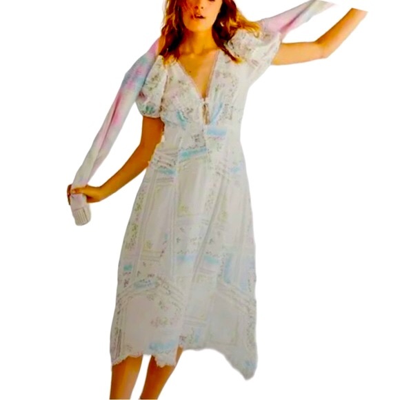 For Love & Lemons x Free People Shea XS White Blue Handkerchief Floral Lace Midi - Picture 9 of 11